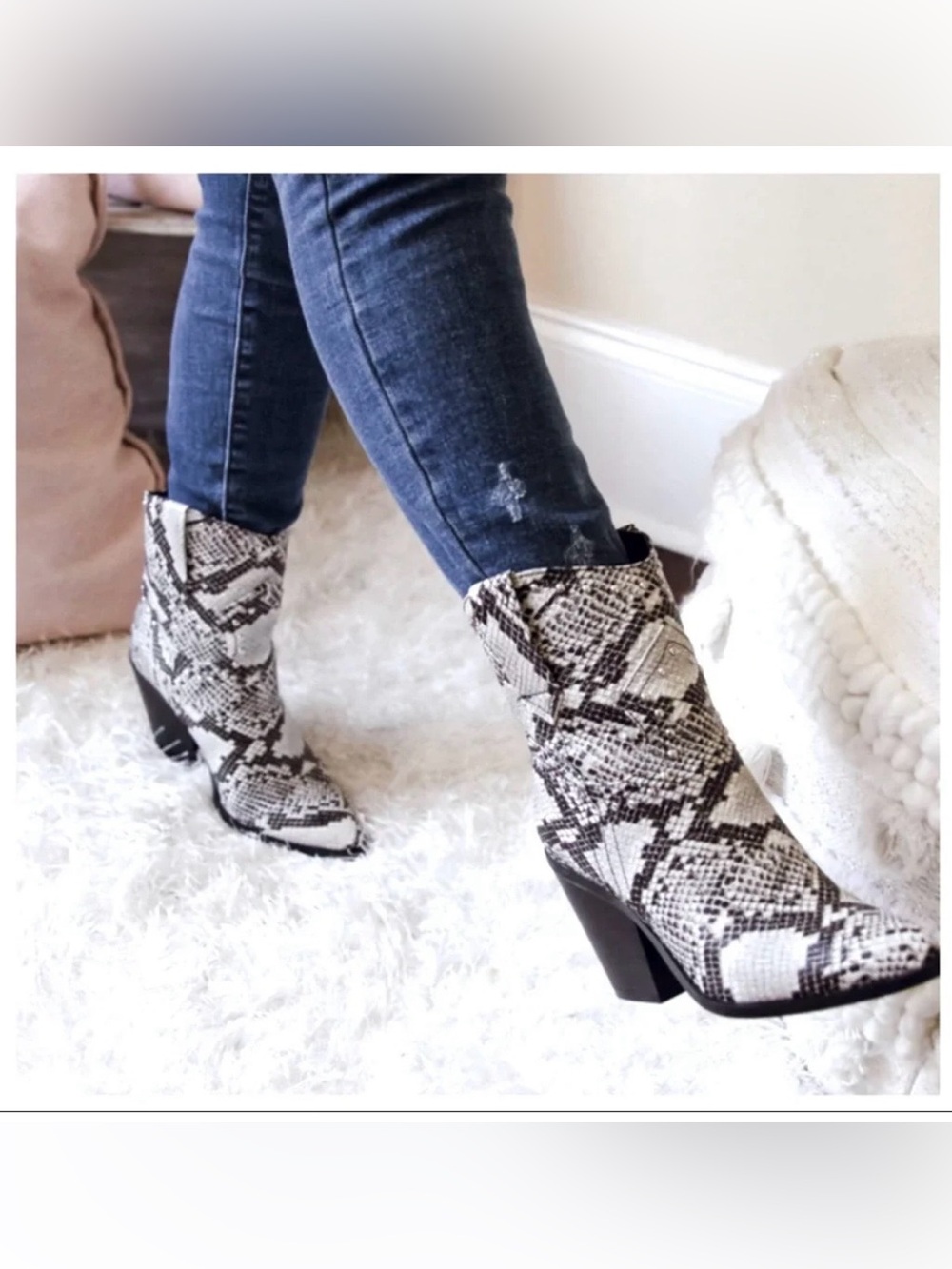 Jol Molly Snakeskin Snake Print Block Heel Ankle Boots in Black & White 2” EU 38